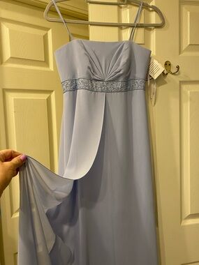 David's Bridal Pale Blue Spaghetti Strap Gown with Beaded Empire Waist